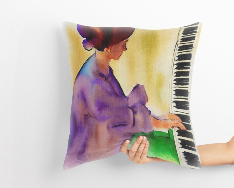 Throw Pillow featuring Piano Theme Illustration and Bold Color Blocking