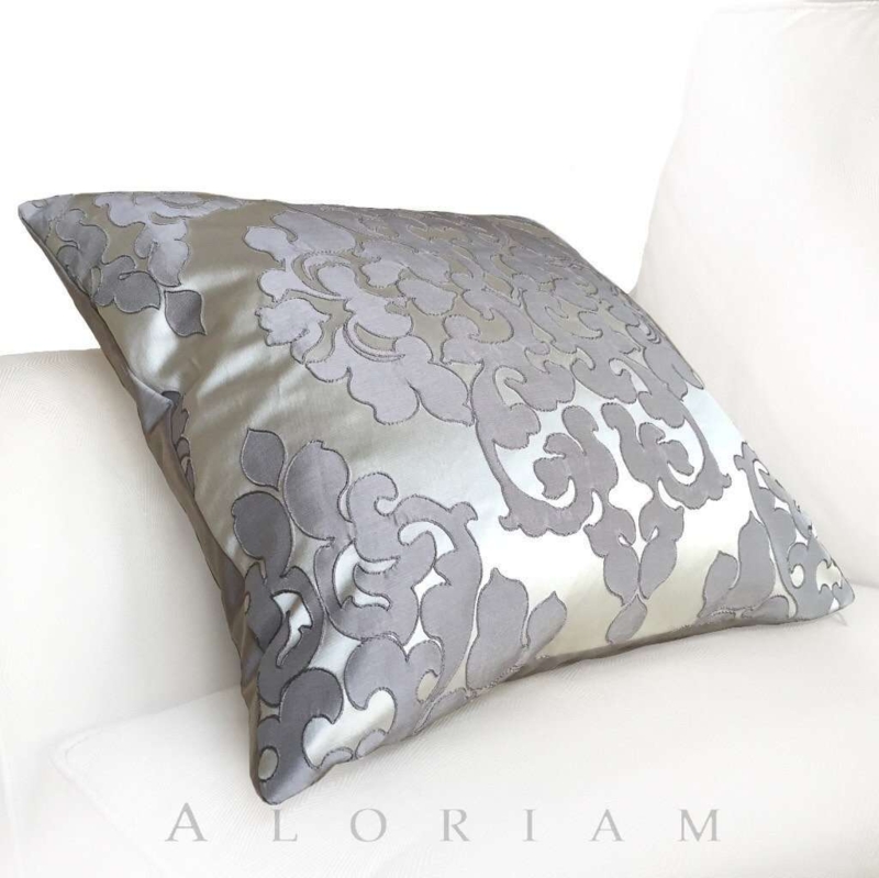 Throw Pillow featuring traditional silver gray damask floral satin weave