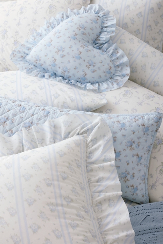 Throw Pillow Floral Embroidery Light Blue Ruffle Trim Cottagecore Accent