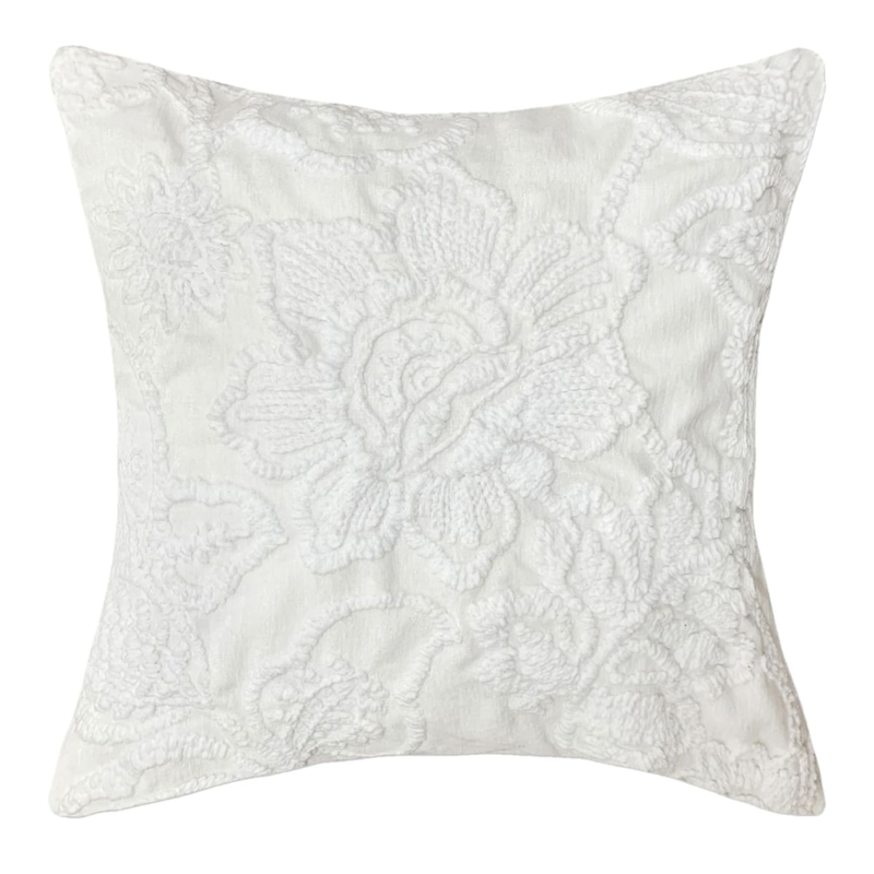 Throw Pillow Floral Embroidery White on White Traditional