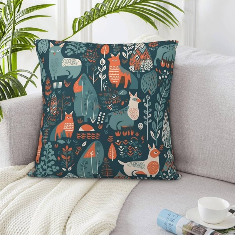 Throw Pillow Folk Art Bear Graphic Scandinavian Style Linen Like