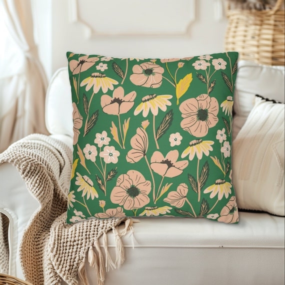 Throw Pillow Forest Green Base Wildflower Print Boho Cottagecore