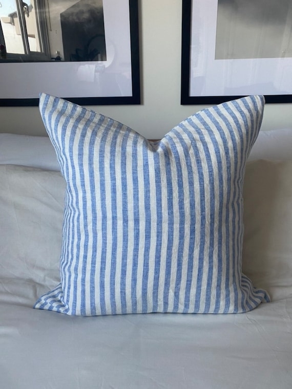 Throw Pillow French Ticking Stripe Indigo Blue Linen Like Coastal