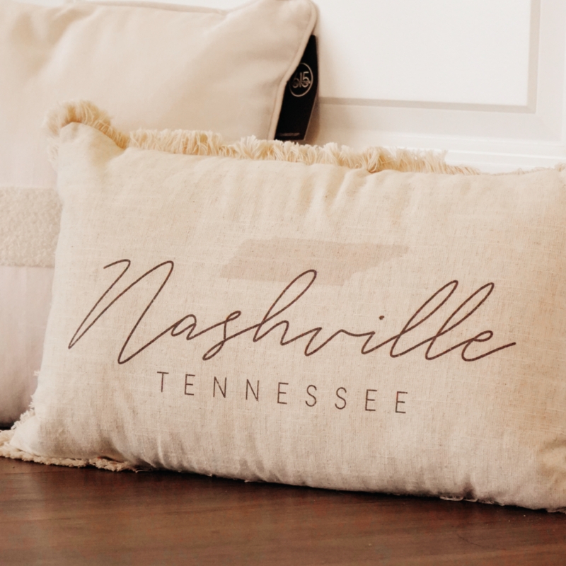 Throw Pillow Fringe Border Nashville Script Cream Farmhouse Decor