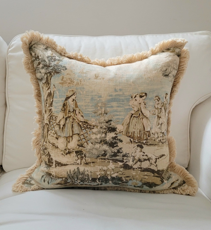 Throw Pillow Fringe Trim Blue Tan Toile Vintage Style Cushions