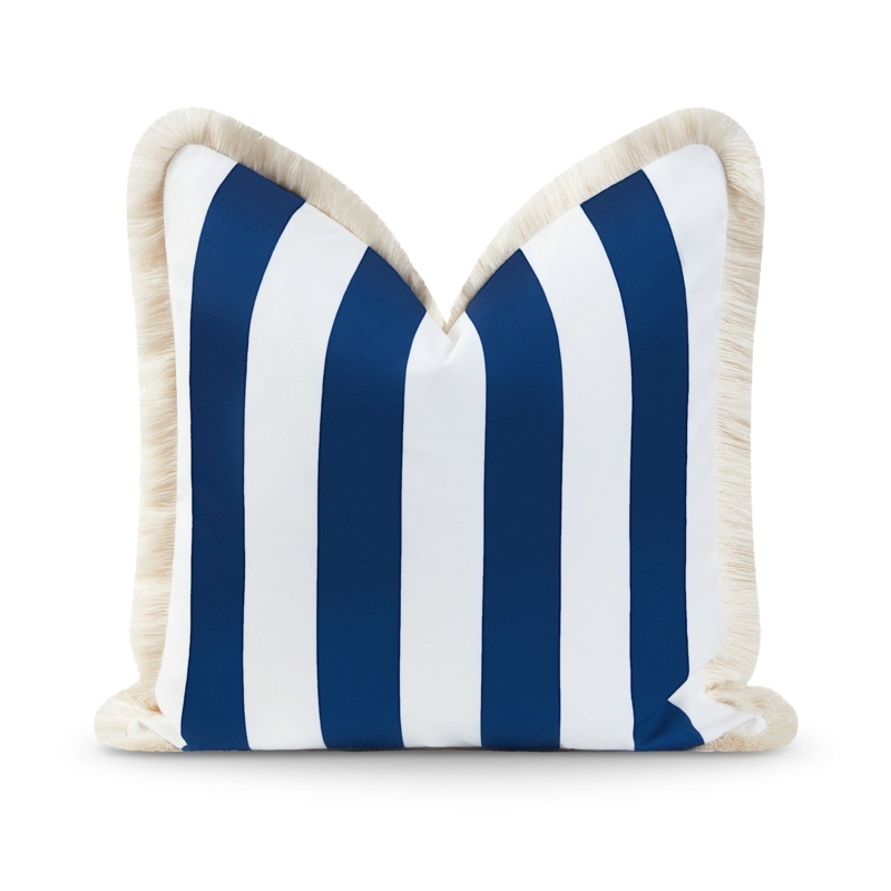 Throw Pillow, Fringe Trim, Navy Blue Fabric, Border Stripe, Linen Like.