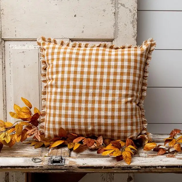 Throw Pillow Fringe Trim Plaid Pattern Woven Texture Modern Farmhouse