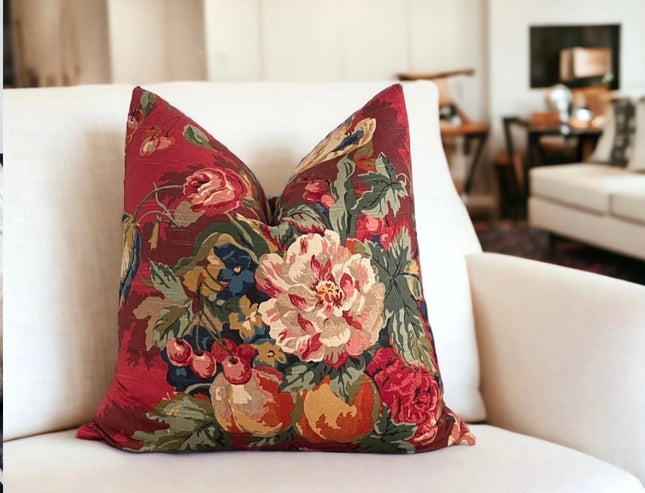 Throw Pillow Fruit Motif Crimson Botanical Print Linen Like Decor