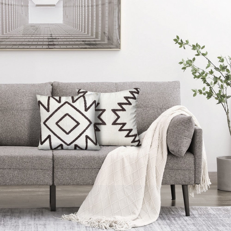 Throw Pillow Geometric Aztec Embroidery Piped Edges White Gray