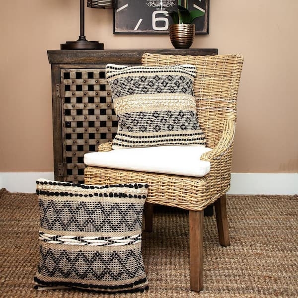Throw Pillow: Geometric Embroidery Beige Textured Modern Farmhouse