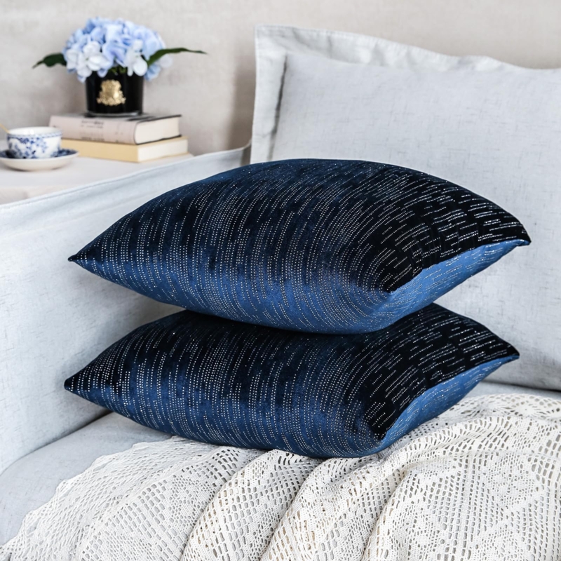Throw Pillow Glam Sapphire Blue Velvet Rhinestone Band Embellished