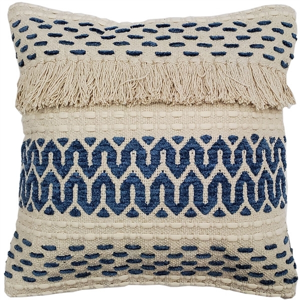 Throw Pillow Global Style Embroidery Navy White with Fringe Trim