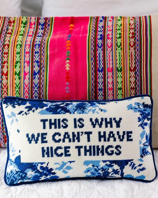 Throw Pillow Gold Velvet Trim Needlepoint Slogan Navy Eclectic
