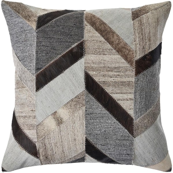 Throw Pillow Gray Brown Chevron Faux Leather Patchwork Hide