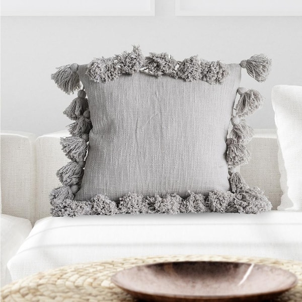 Throw Pillow Grey Woven Fabric Tassel Fringe Border