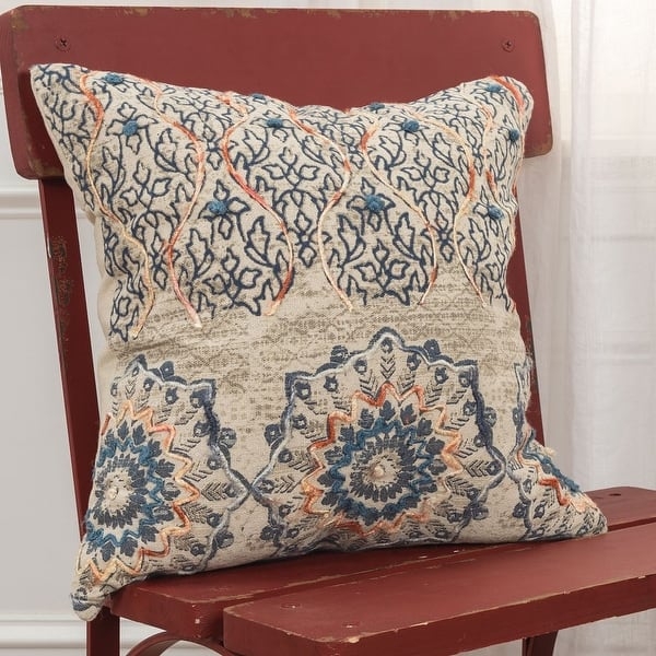 Throw Pillow, Hand-Crafted Medallion, Rust and Blue Embroidery, Bohemian