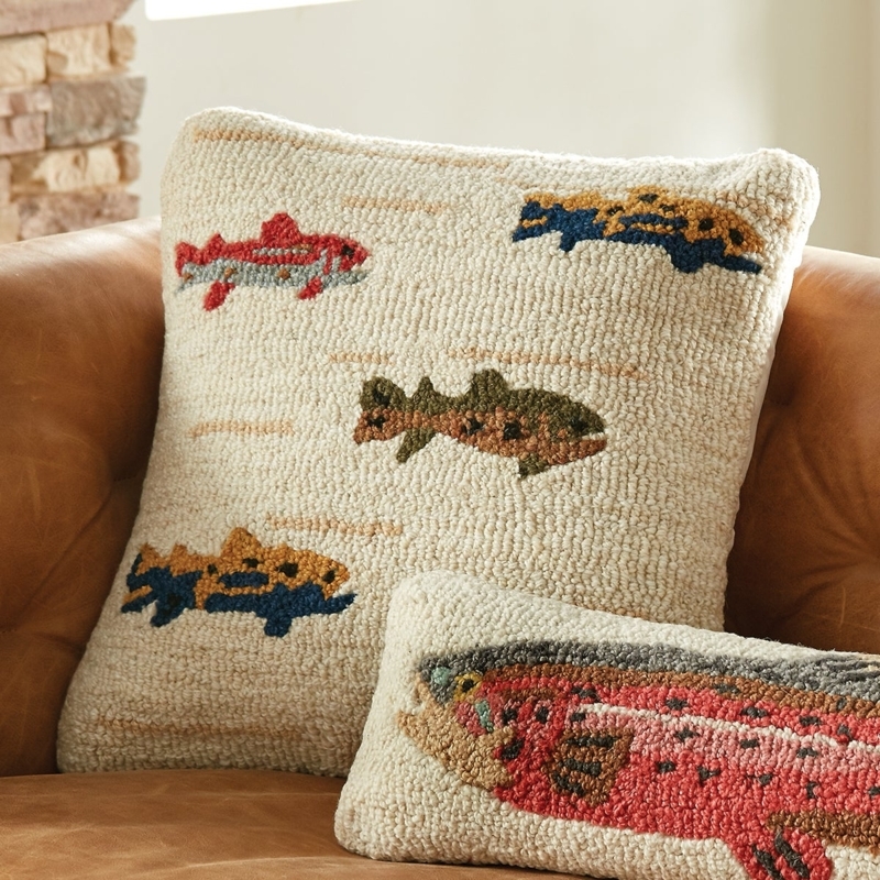 Throw Pillow Hand-Hooked Wool Trout Motif Rustic Lodge