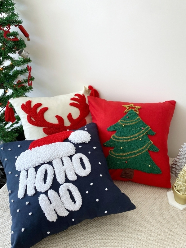 Throw Pillow Hand Tufted Santa Claus Motif Textured Wool