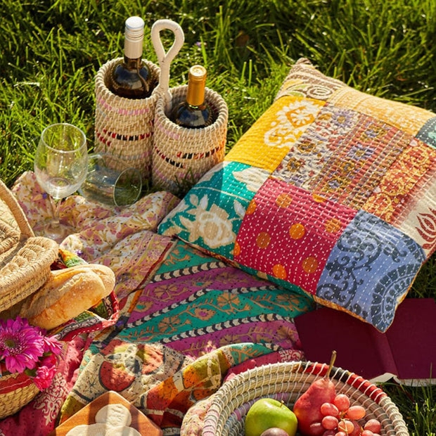 Throw Pillow Handmade Kantha Patchwork Quilted Cotton Multicolored