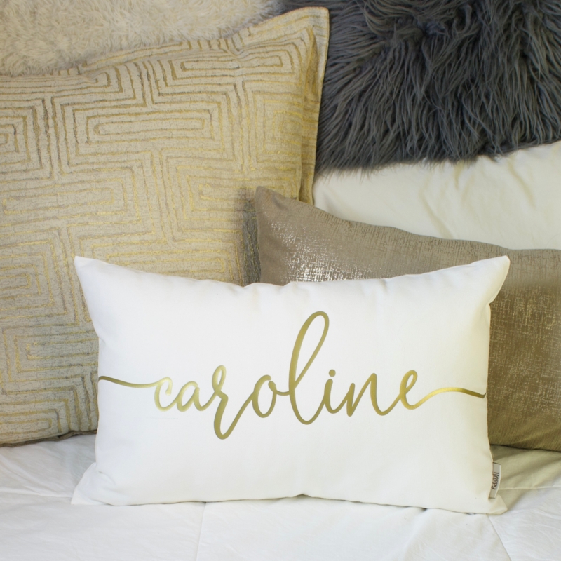 Throw Pillow Heart Icon Gold Script Personalized Cream Feminine