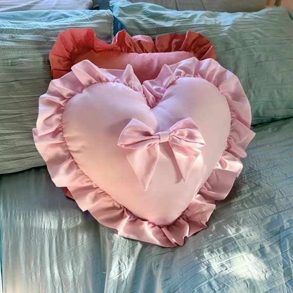 Throw Pillow Heart Shaped Ribbon Bow Pink Ruffle Trim Coquette Decor