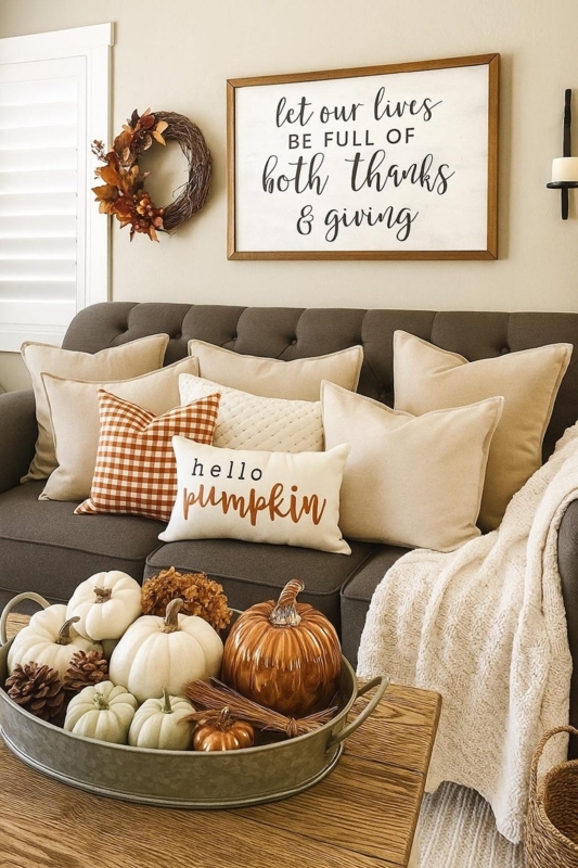 Throw Pillow Hello Pumpkin Typography Print Linen-Like Cream Farmhouse