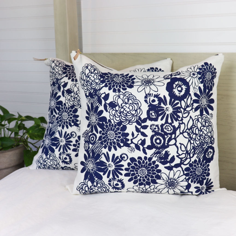Throw Pillow High Contrast Navy Floral Piped Edges Coastal