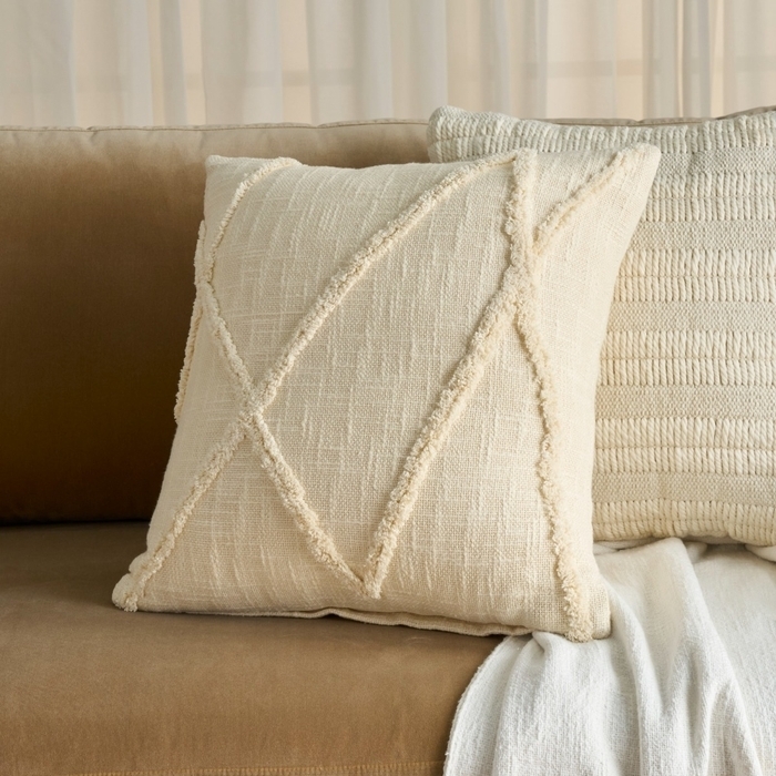 Throw Pillow, High Low Tufted Geometric Pattern, Ivory Diamond Lattice