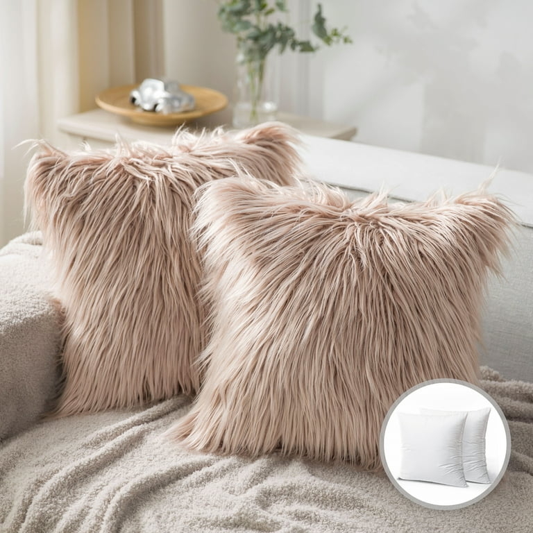 Throw Pillow in Beige Shaggy Faux Fur, Square Shape