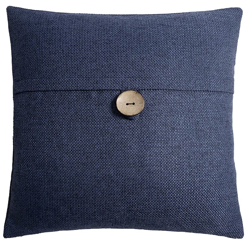 Throw Pillow in Coastal Blue Woven Fabric with Decorative Buttons