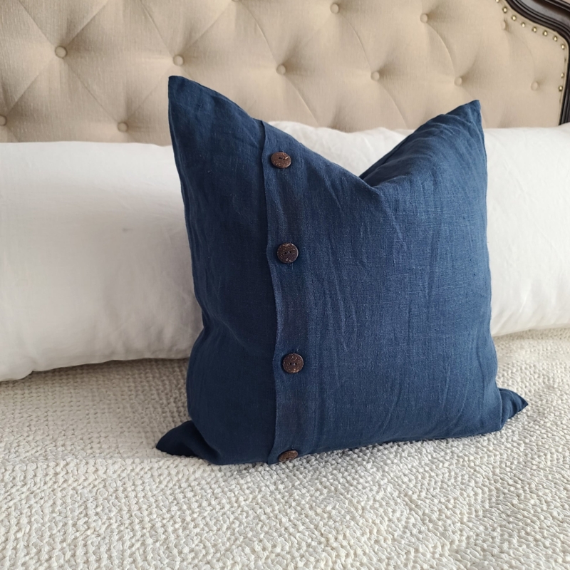 Throw Pillow in Coastal Indigo Blue Linen-Like Fabric with Buttons