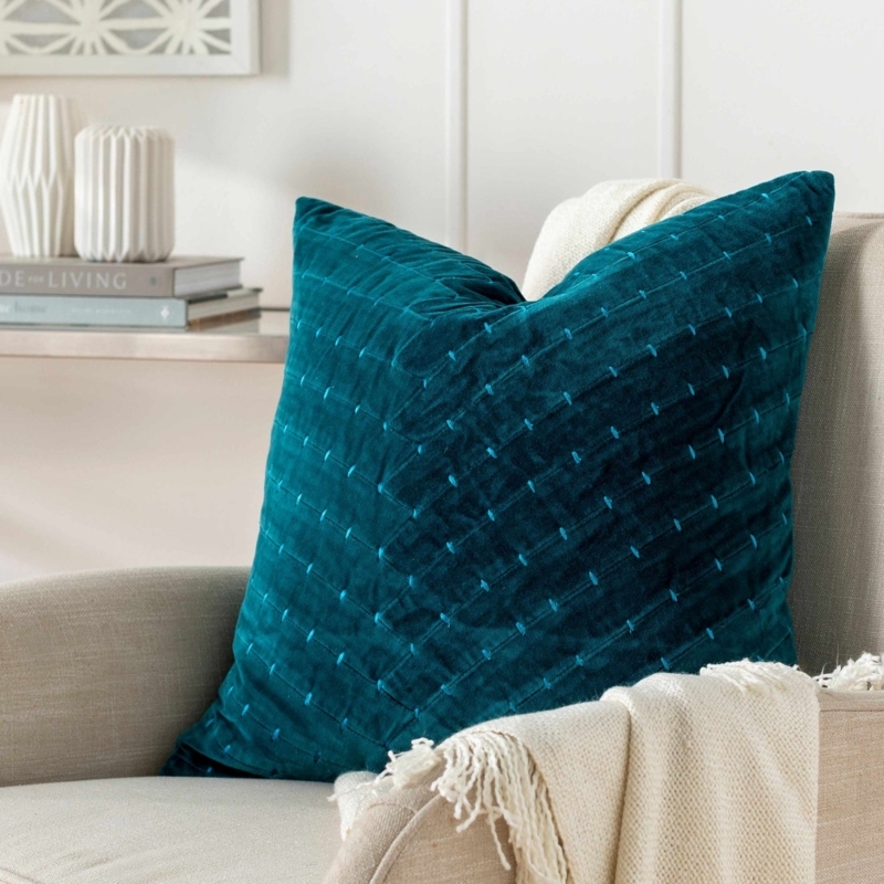 Throw Pillow in Deep Teal Woven Fabric with Boho Corner Tassels