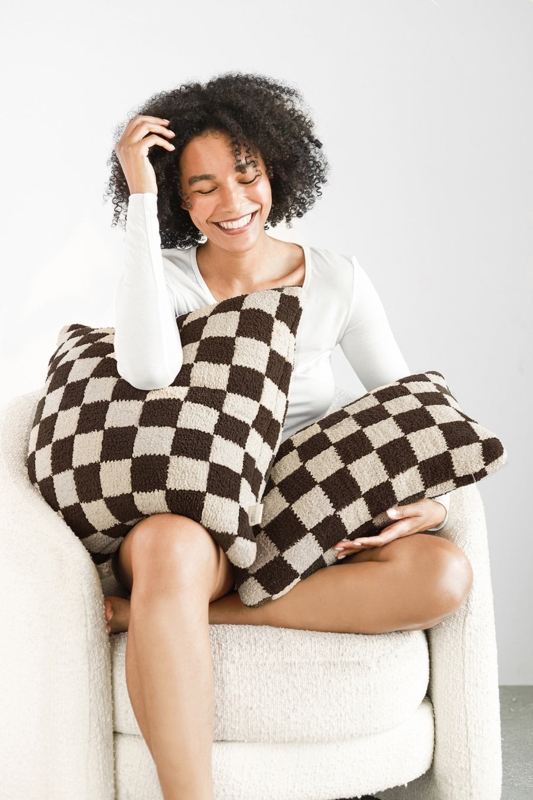 Throw Pillow in Mocha Colorway, Checkerboard Plush Fabric