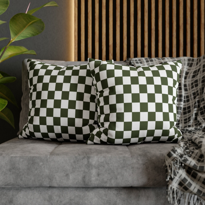 Throw Pillow in Olive Green Checkerboard, Retro Woven Fabric