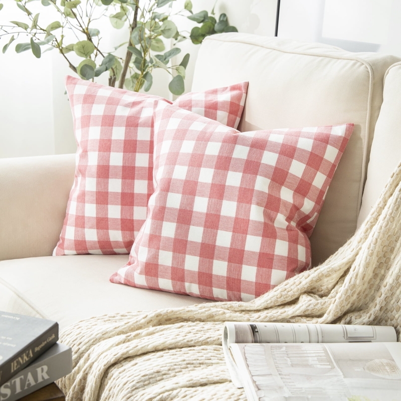 Throw Pillow in Pink Color Palette, Gingham Woven Farmhouse