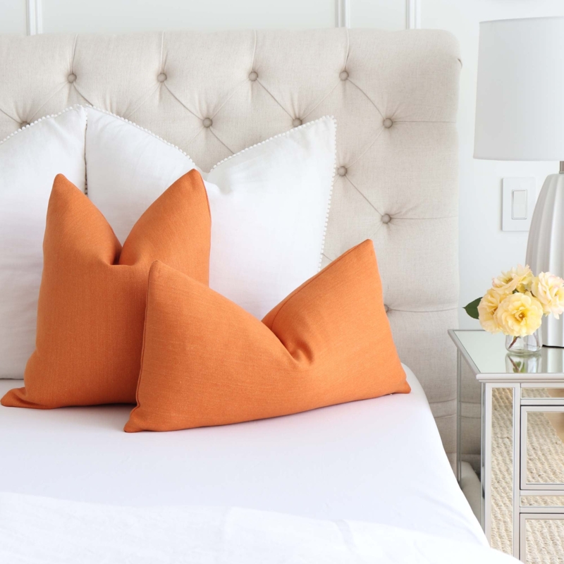 Throw Pillow in Pumpkin Orange Linen-Like Weave, Farmhouse Decor