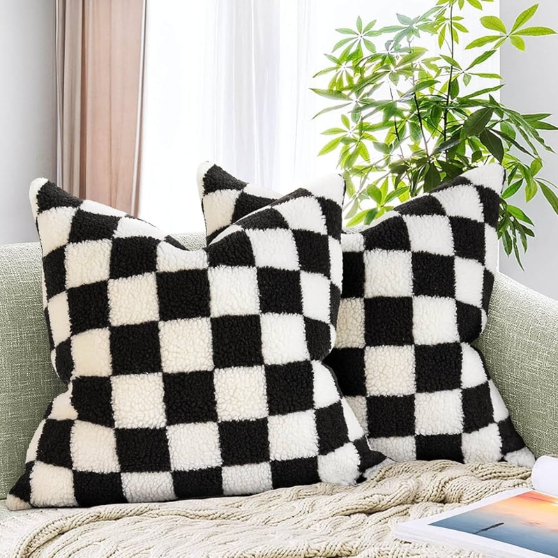 Throw Pillow in Shaggy Faux Fur, Black & White Checkerboard