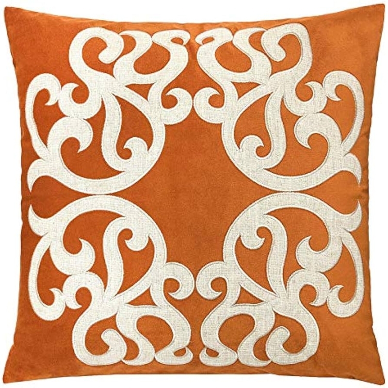 Throw Pillow in Spice Tone Velvet with Shimmering Vine Applique