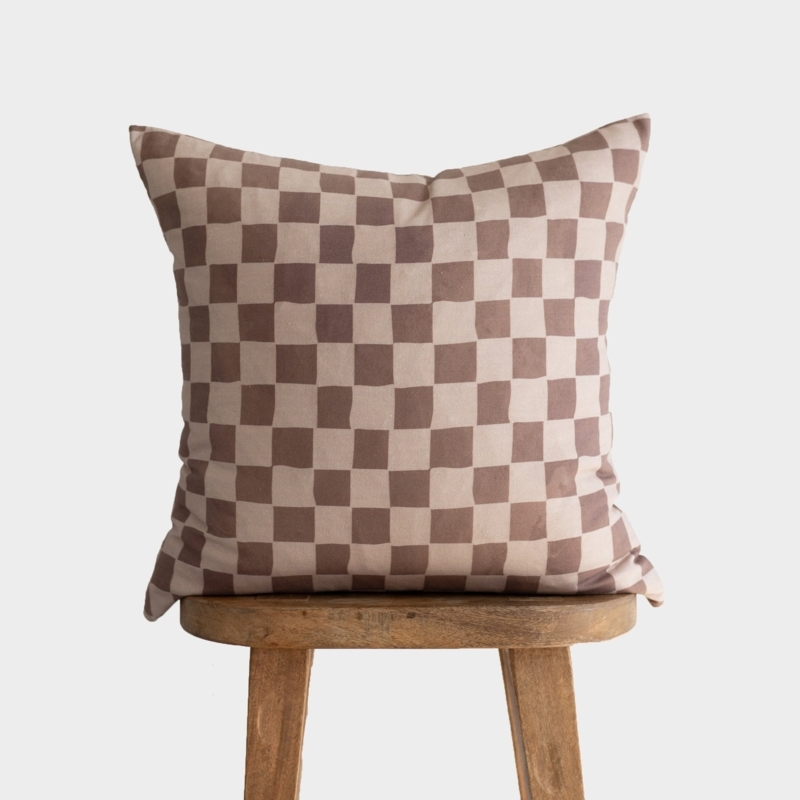 Throw Pillow in Woven Textile, Tan & Brown Checkerboard Pattern