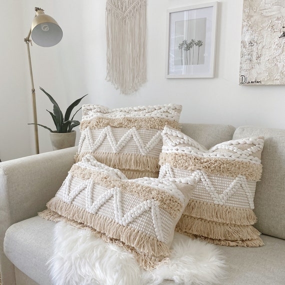 Throw Pillow: Ivory Diamond Shag Fringe, Oversized Corner Tassels
