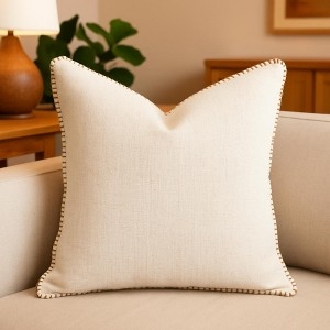 Throw Pillow: Ivory Linen-Like Fabric with Decorative Contrast Stitching