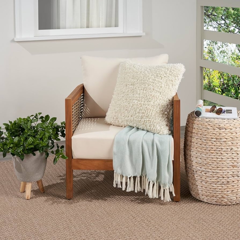 Throw Pillow Ivory Raised Loop Embroidery Tonal Coastal Patio Decor