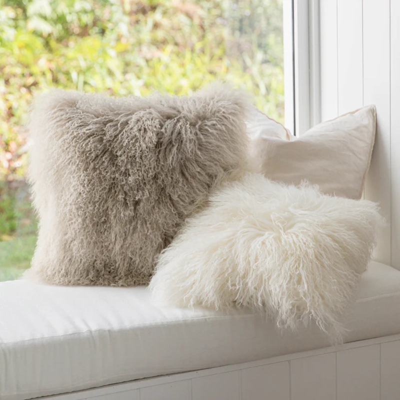 Throw Pillow, Ivory Shaggy Texture, Long Pile Faux Fur-Like, Boho Style
