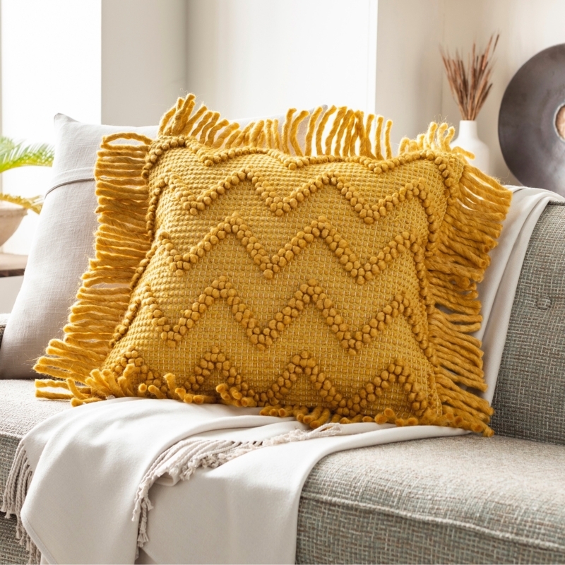 Throw Pillow Ivory Tufted Chevron Fringed Edges Textured Boho