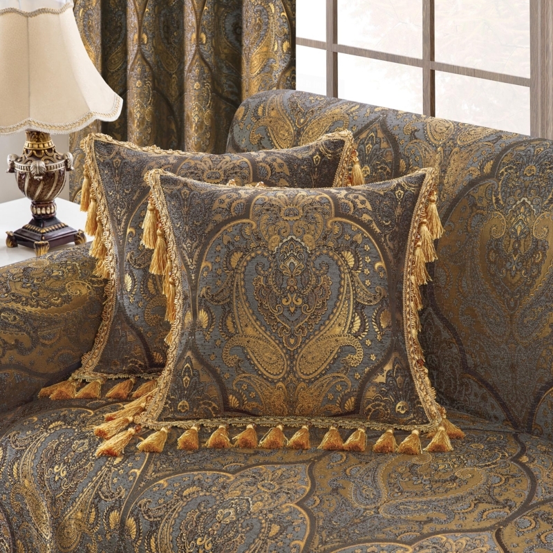Throw Pillow Jacquard Damask Corner Tassels Luxury Gold Jacquard Cushion Decor