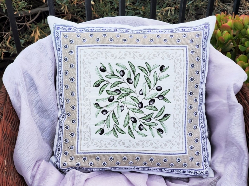 Throw Pillow Jacquard Tapestry Olive Branch Motif Rustic Provence Decor