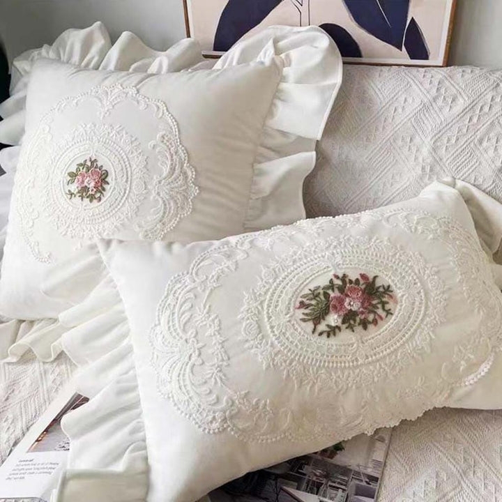 Throw Pillow Lace Edge Layered Border Ivory Ruffle Vintage Inspired