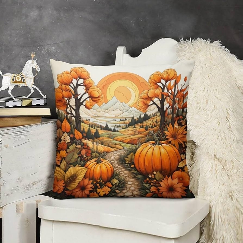 Throw Pillow Landscape Print Autumn Harvest Linen-like Texture Decor