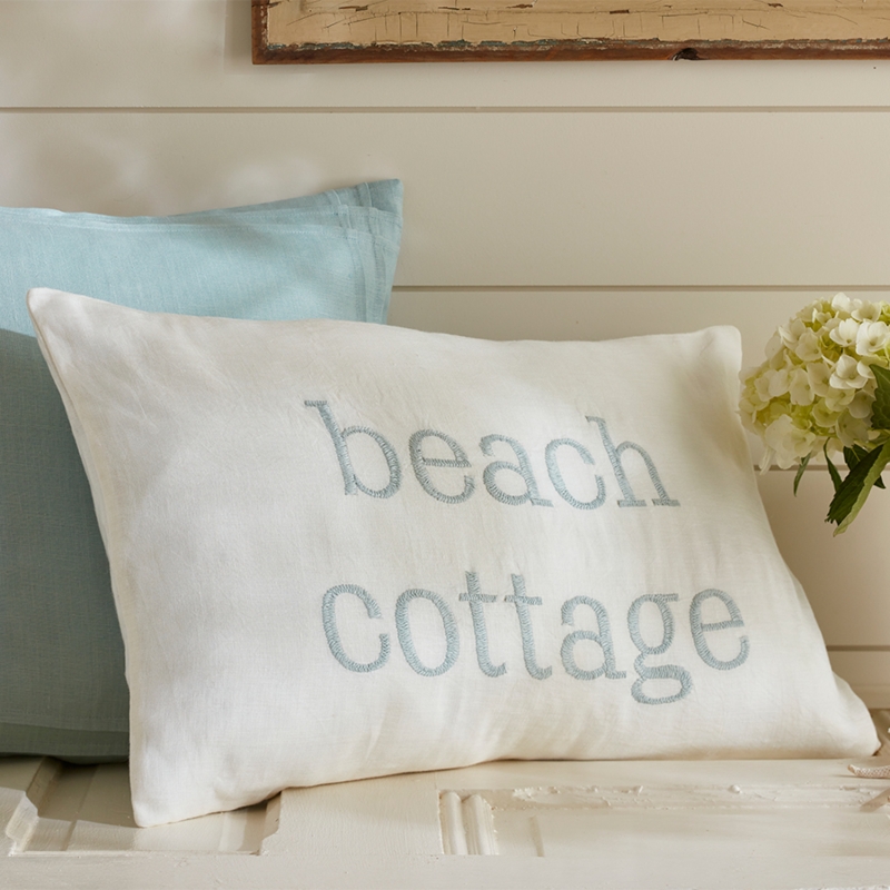 Throw Pillow Large Scale Botanical Print Aqua Flange Edge Linen-Like