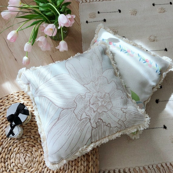 Throw Pillow Large Scale Floral Piped Edges Pink White Botanical Cushion